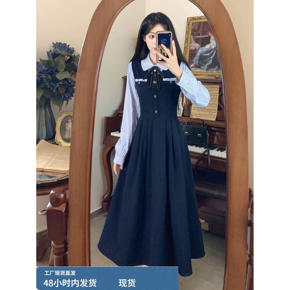 大码女胖mm2025秋季新款学院风假两件裙子法式收腰显瘦遮肚连衣裙