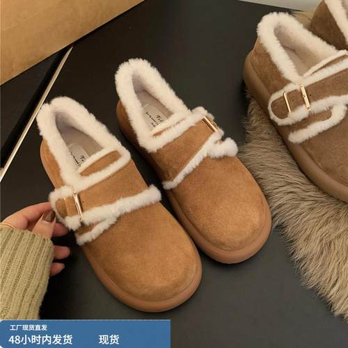 牛皮版！厚底棕色加绒勃肯鞋春夏雪地鞋雪地靴棉鞋女鞋外穿毛毛鞋