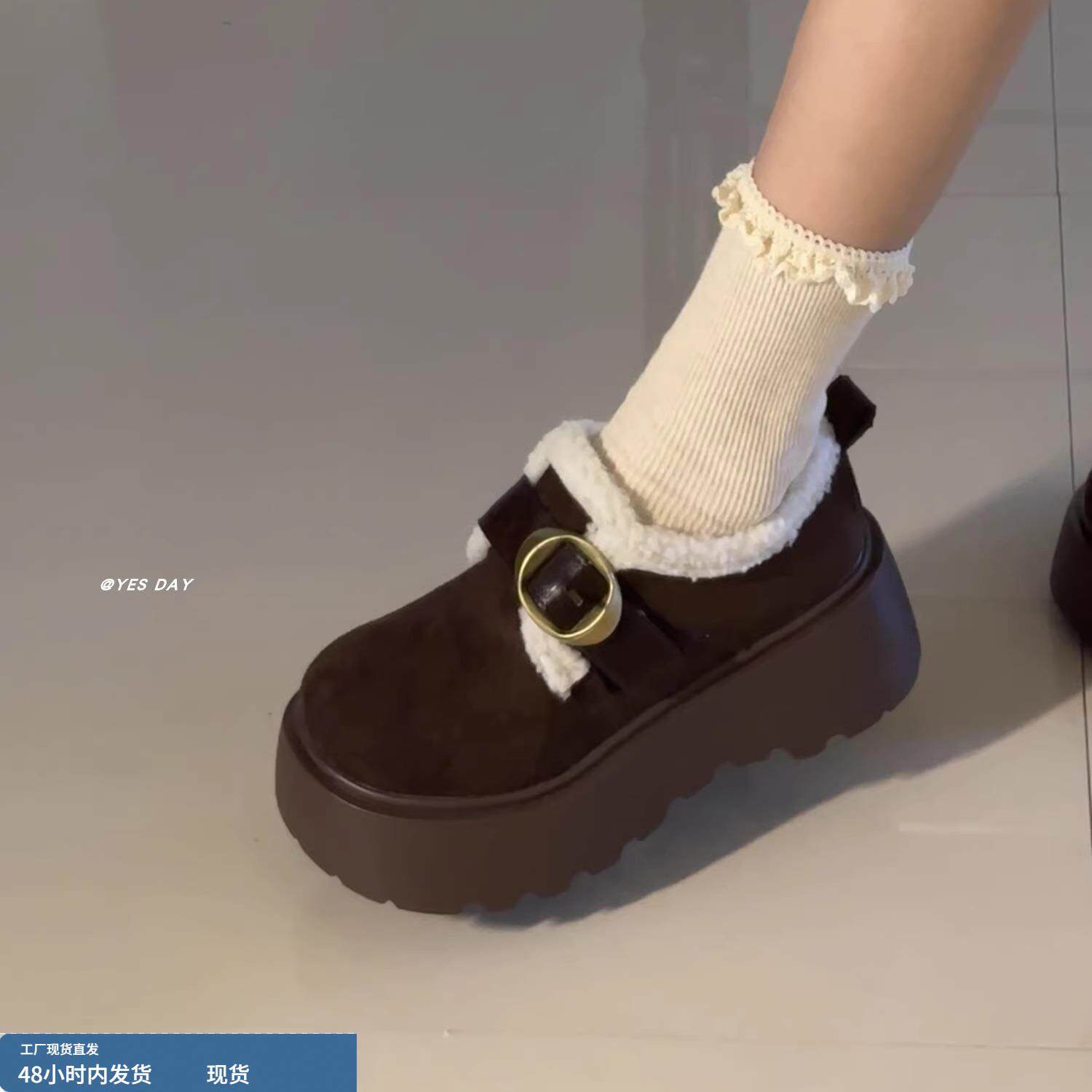 棕色复古百搭加绒保暖魔术贴勃肯棉鞋女2025冬季新款英伦风小皮鞋