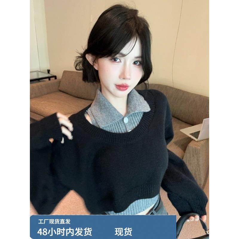 港味风格学院风polo领毛衣针织衫女秋冬新款长袖T恤背心两件套潮