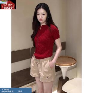 韩系红色半开领天丝针织衫上衣女夏季麻花设计感正肩冰丝短袖t