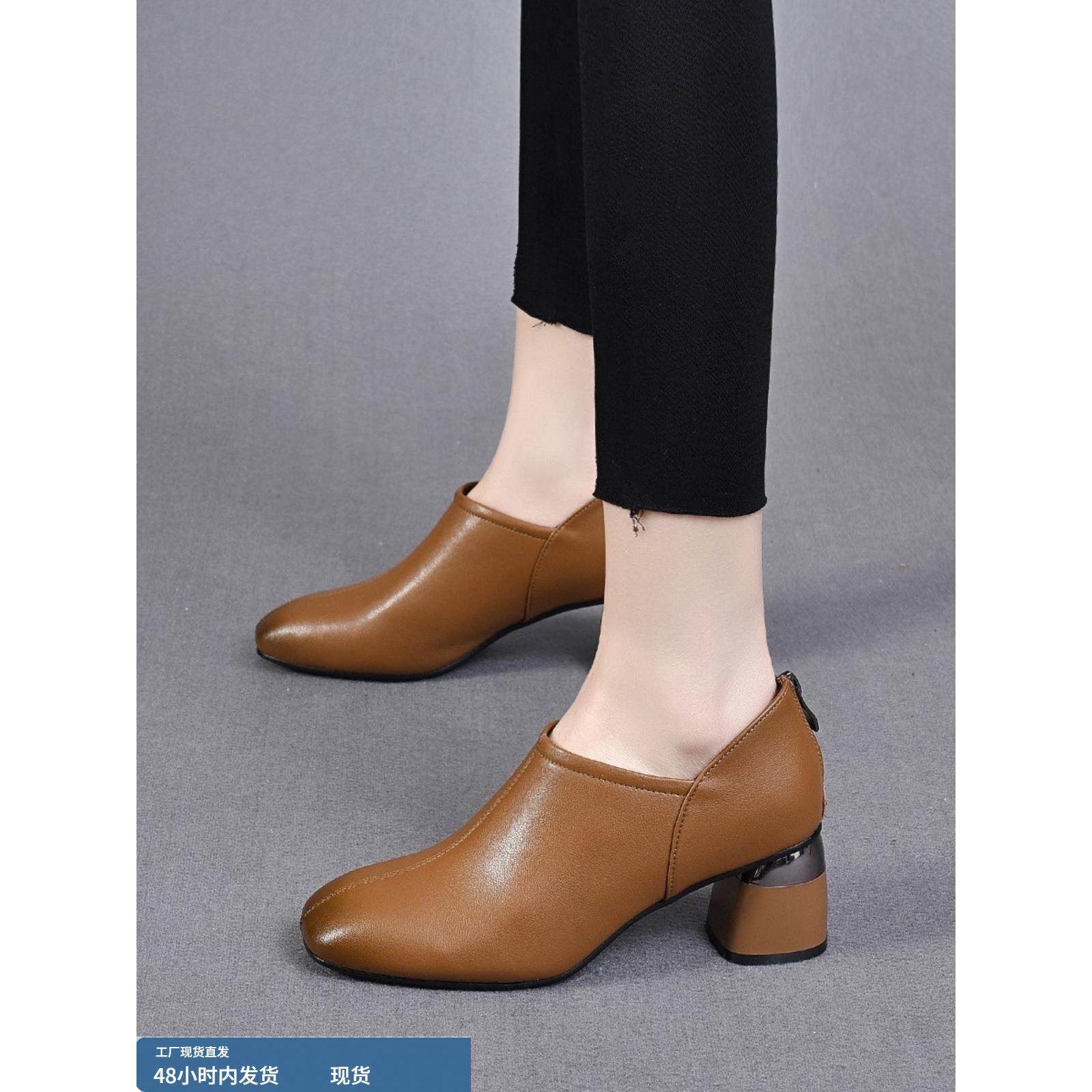 WS2685春季新款单鞋女春秋粗跟真皮鞋子中缝方头深口百搭拉炼牛皮
