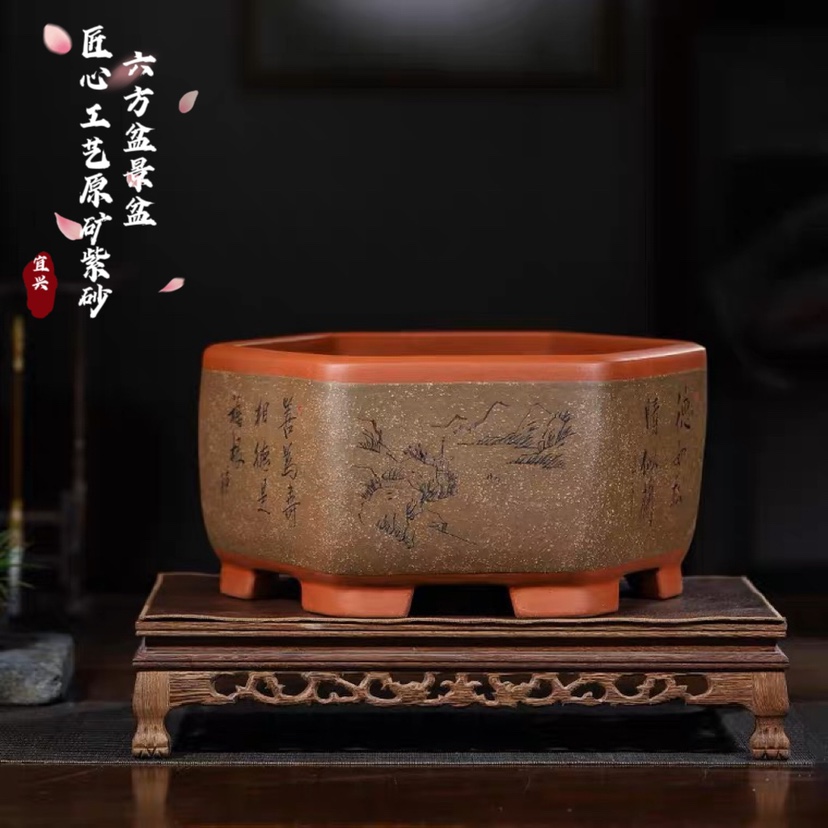 宜兴紫砂花盆精品六方八方盆特大号手工透气花盆陶瓷大号盆栽景盆