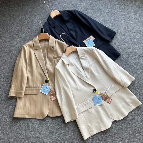 人字纹亚麻通勤气质百搭轻薄七分袖一粒扣西装外套女