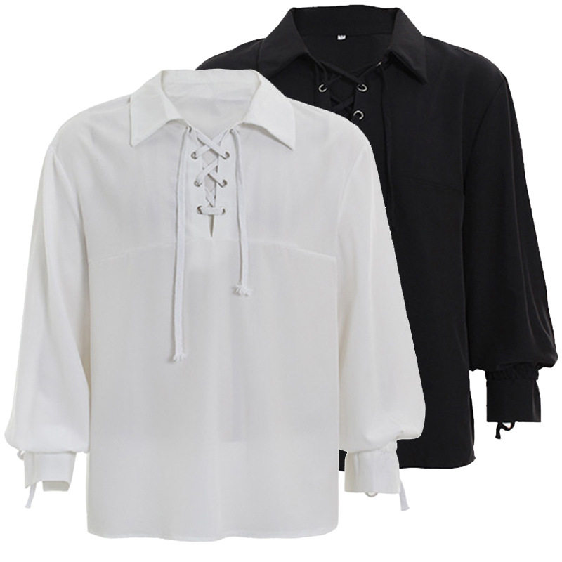 MEDIEVAL MENS LACE-UP LAPELS VINTAGE SHIRT BALLOON SLEEVES DRAMA STAGE COSTUME LOOSE TOP T-SHIRT SHIRT WOMEN