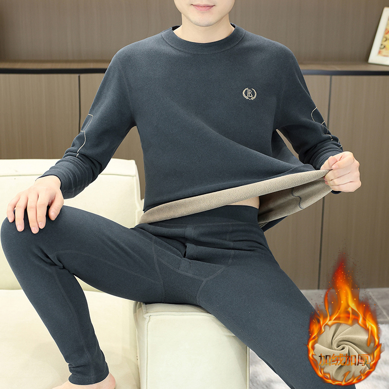 圆领德绒保暖内衣男士加厚加绒冬季防寒高档青年新款秋衣秋裤套装