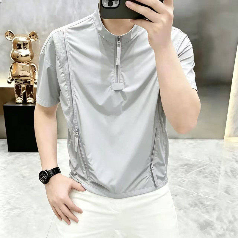 休闲立领短袖POLO衫男夏季时尚速干透气薄款半袖多口袋设计感体恤