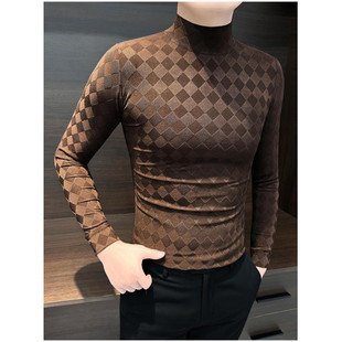 菱形格子男士打底衫冬季成熟痞帅男装半高领保暖上衣修身长袖T恤