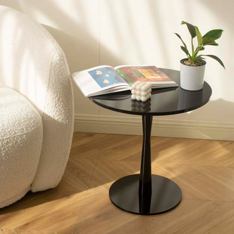 意大利黑色玻璃边几北欧现代简约商务茶几亮光小圆桌高级家用艺术