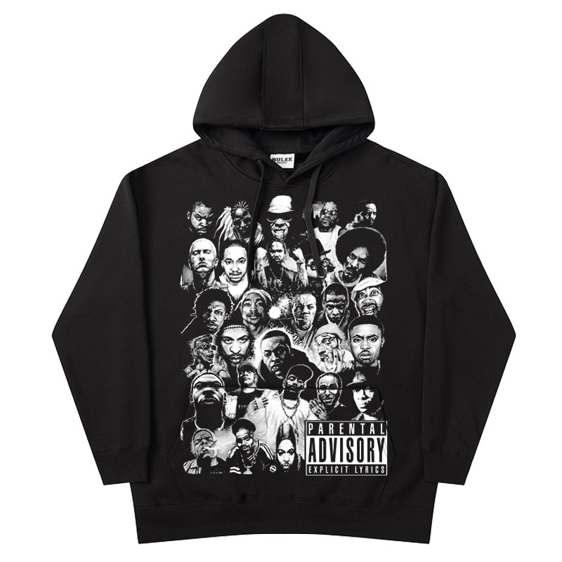 RULEE HIPHOP Eminem 2PAC Vintage复古嘻哈人像连帽卫衣冬季长袖