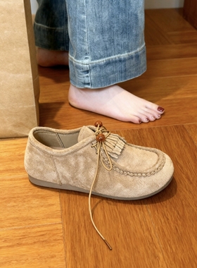 新款复古勃肯鞋女百搭系带流苏一脚蹬舒适豆豆鞋女平底休闲袋鼠鞋