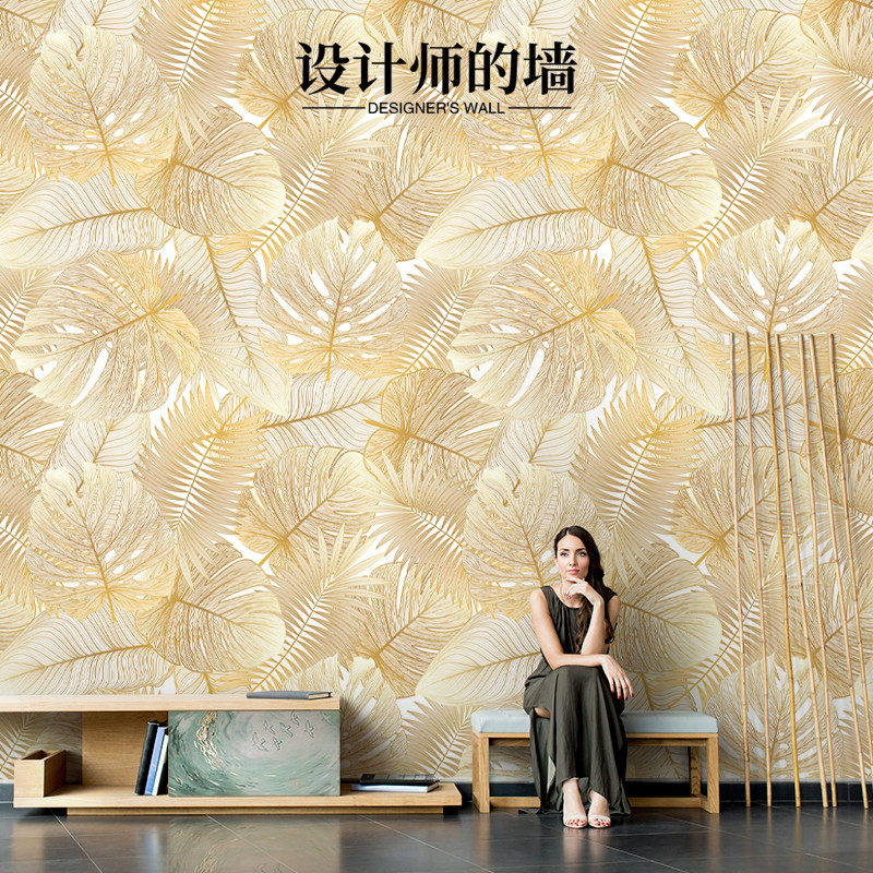 现代简约高级感背景布金色热带叶纹客厅电视机背景墙壁纸定制壁画