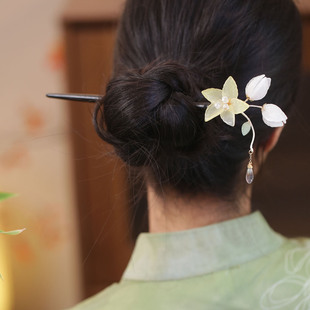 新中式古典发簪配旗袍琉璃黄色花朵木簪发髻簪子日常百搭汉服头饰