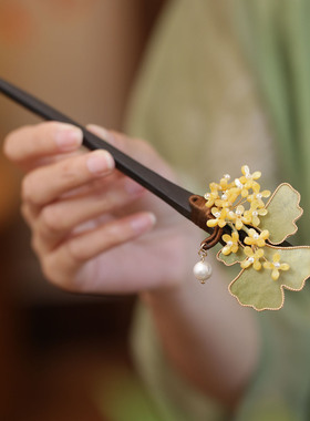 掐丝银杏叶盘头发的簪子木质新中式古典发簪金色桂花旗袍发钗发饰