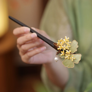 掐丝银杏叶盘头发的簪子木质新中式古典发簪金色桂花旗袍发钗发饰