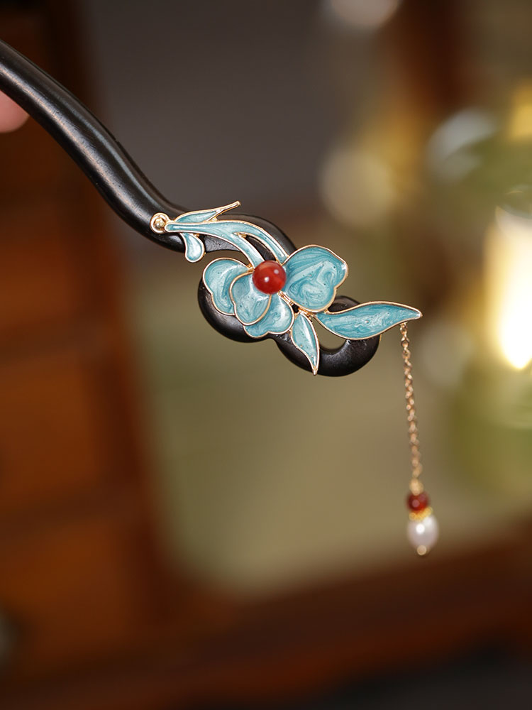 池鸢新中式烧蓝步摇檀木簪子发饰