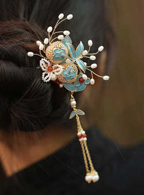 柿子中国风发簪古风女童汉服簪子新中式清冷烧蓝插梳2025新款头饰