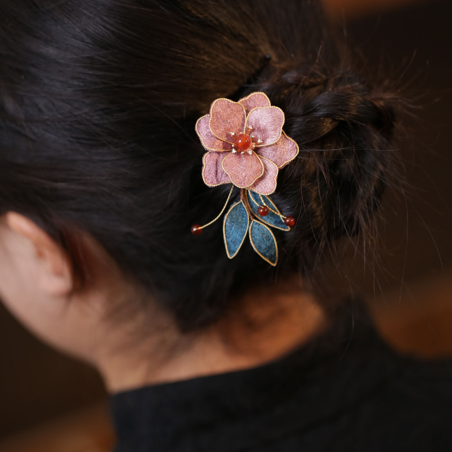 小倒插梳发卡紫色发簪日常通勤女士中式簪子女童掐丝花朵旗袍头饰