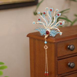 烧蓝凤凰发冠宋制汉服头饰发簪古风女高级感大侧凤中式新娘发饰品