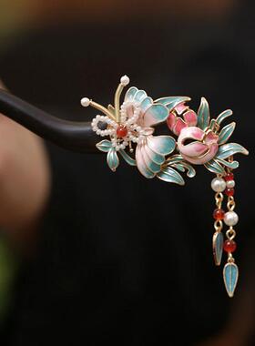 中国风发簪高级感小众盘头发簪子步摇蝴蝶烧蓝檀木簪汉服后压头饰