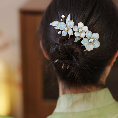 古风蓝色掐丝花朵发簪汉服头饰品