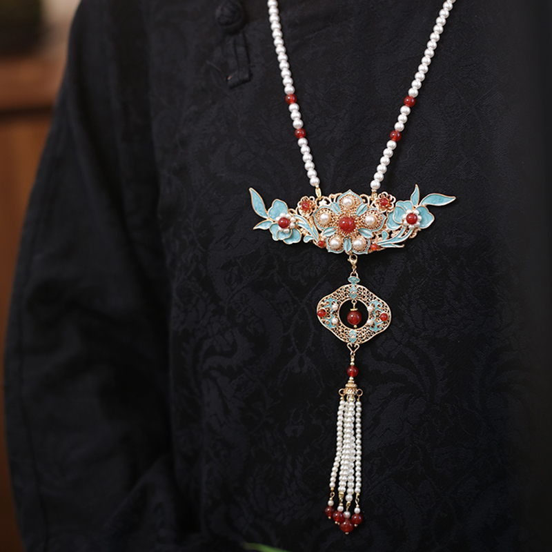 古风长款烧蓝串珠汉服背云项链女