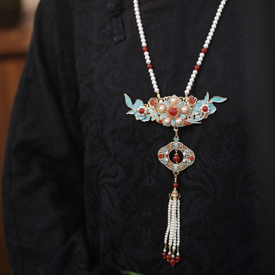 古风长款烧蓝串珠汉服背云项链女