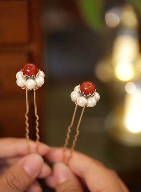 小花钗红色发簪简约大气后压簪子日常可爱u型发钗古风汉服头饰品