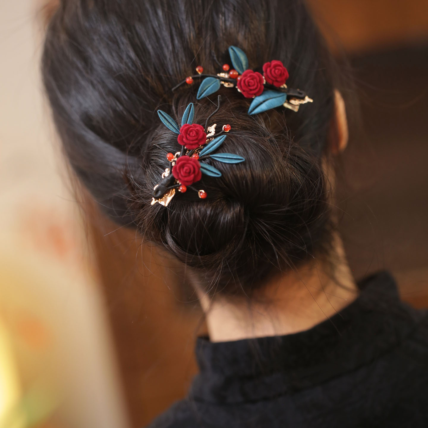 红色玫瑰花朵缠花发夹旗袍发饰品