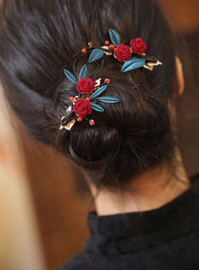 红色发夹女后脑勺半扎发订婚头饰秀禾新款小边夹古风花朵缠花发卡