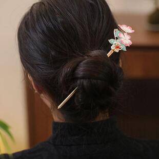 新中式盘发旗袍发簪高级感小众粉色荷花簪子现代简约烧蓝秀禾头饰