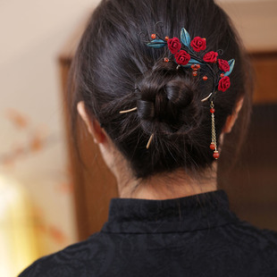 缠花红色发簪u型盘发簪子配旗袍中式发髻发钗玫瑰花订婚头饰秀禾