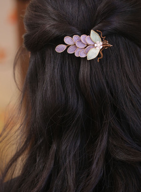 中式女士发夹紫色耳边夹可爱掐丝葡萄小女孩发卡海边旗袍发饰手工