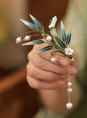 国风发饰头饰仙气超仙非遗绒花发夹半披发竹叶流苏边夹绿夏季发卡