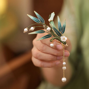 国风发饰头饰仙气超仙非遗绒花发夹半披发竹叶流苏边夹绿夏季发卡