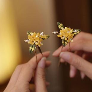桂花u型发簪儿童古风发饰小花发钗插梳缠花簪子日常百搭汉服头饰