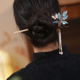 国风发簪配旗袍丸子头簪子步摇流苏古风盘发发钗掐丝叶子蓝色头饰