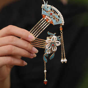 小发梳插梳流苏短发半扎发饰品古风花朵发簪日常通勤烧蓝簪子女童