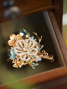 高级感花朵发夹八字刘海鸭嘴夹精致小边夹新中式蝴蝶耳边发卡蓝色