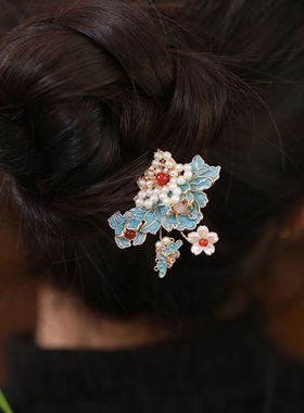 高级感u型发簪日常通勤烧蓝牡丹簪子新中式清冷发钗古风唐风头饰