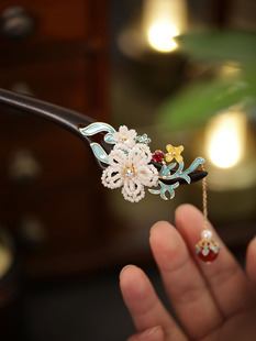 烧蓝步摇发簪高级感日常新中式旗袍头饰挽头发簪子女古风檀木发钗