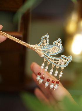 简约古风珍珠流苏盘发发簪女高级感小众扎头发簪子新中式烧蓝头饰