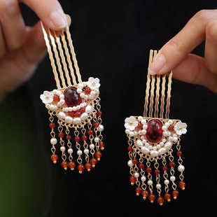 红色发簪古风女童中国风簪子女高级感对簪碎发梳插梳新娘流苏头饰