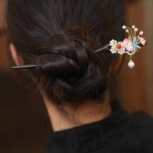 粉色头饰汉服烧蓝新中式国风发簪日常通勤旗袍盘头发簪子檀木花朵