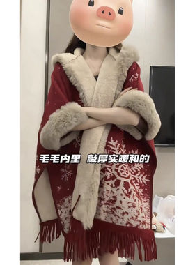 红色连帽开衫女中长款保暖针织衫