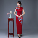 婚礼新款 旗袍妈妈喜婆婆婚宴礼服连衣裙 高端刺绣酒红色中国风长袖