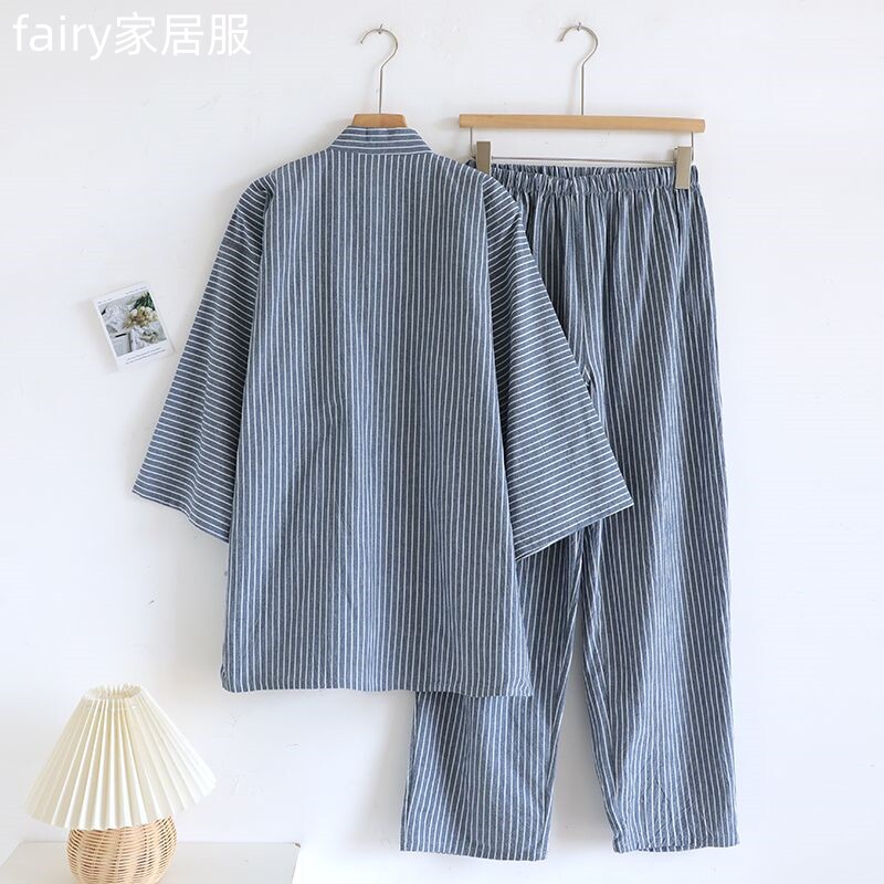日式和服睡衣男士纯棉条纹