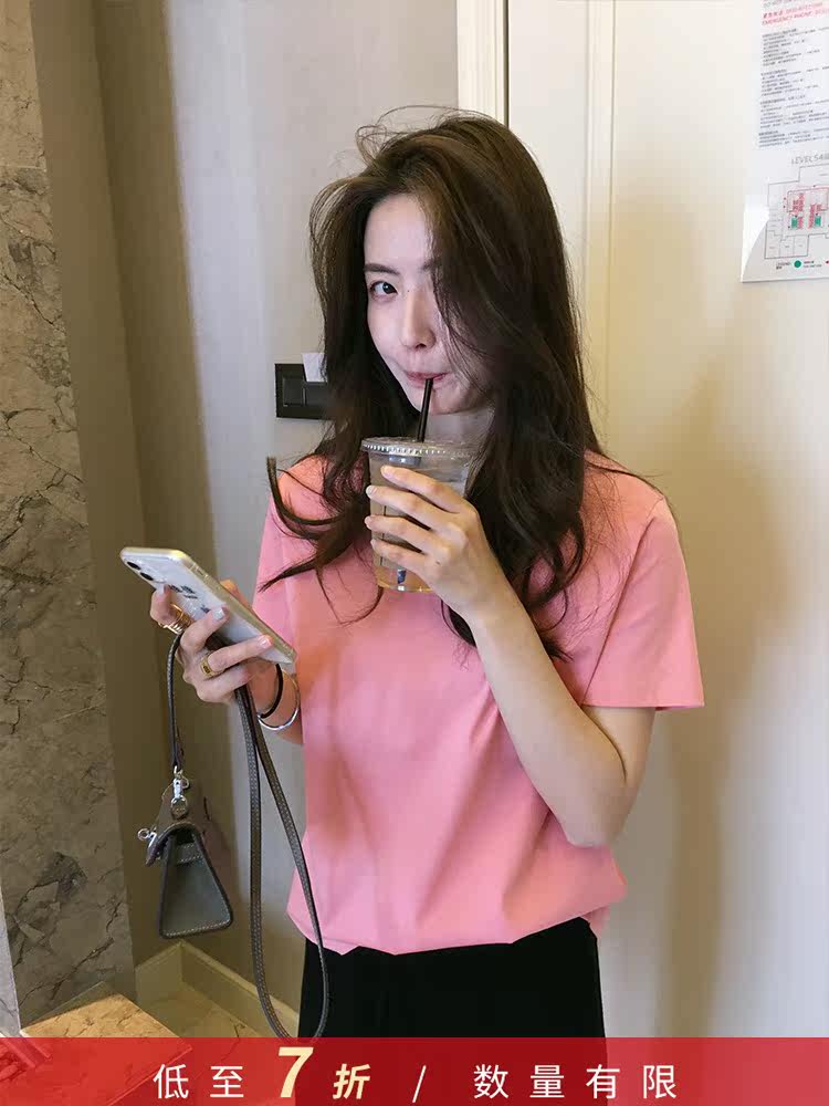 LICKYSENIOR main push light AND cool silk cotton V-neck SOLID color short-sleeved T-shirt WOMEN's T-shirt top