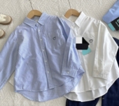 春秋季 春秋男宝条纹蓝色口袋全棉衬衫 冬天翻领中大童男孩上衣 包邮