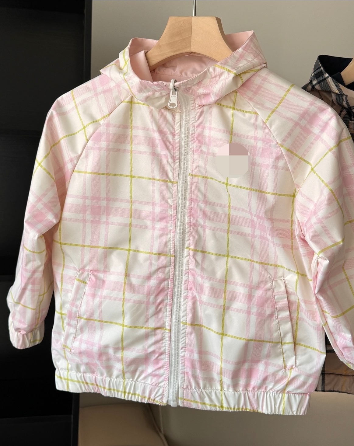 包邮原丹男女童春天夹克衫秋季双层外套两面穿纯色+格子连帽风衣